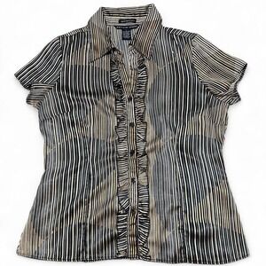 Antilia Femme black & gold striped blouse with ruffle detail